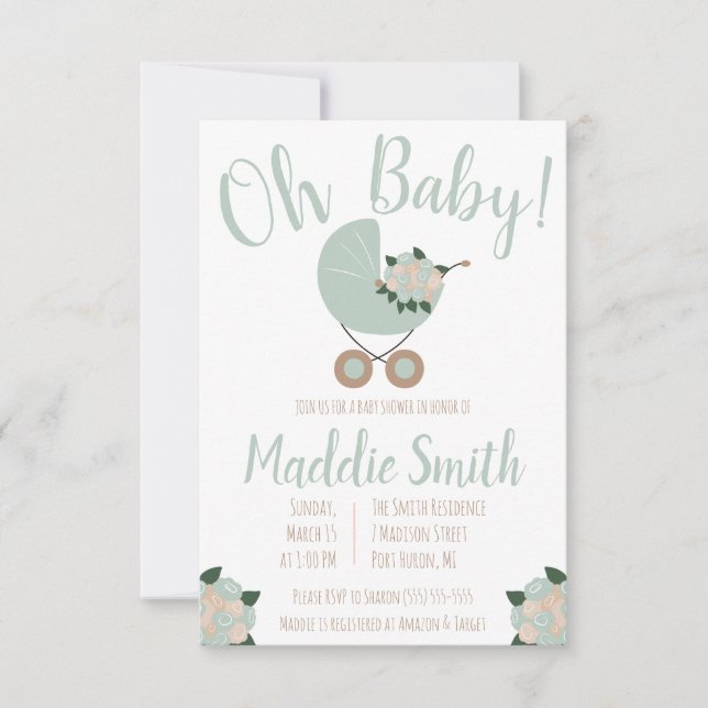 Invitación Baby Stroller con Floral Bouquet Baby Shower Invi (Anverso)