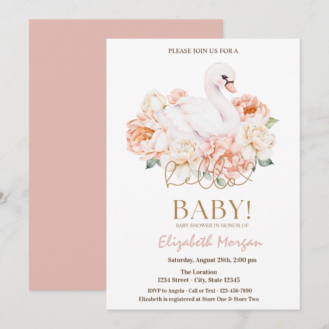 Invitación Baby Swan Hello Baby Baby Shower (Anverso / Reverso)