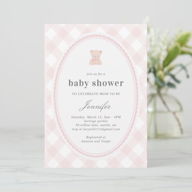 Invitación Baby Teddy bear Baby shower_Pink  (Anverso de pie)