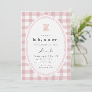 Invitación Baby Teddy bear Baby shower Pink Gingham