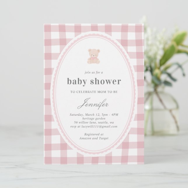 Invitación Baby Teddy bear Baby shower Pink Gingham (Anverso de pie)