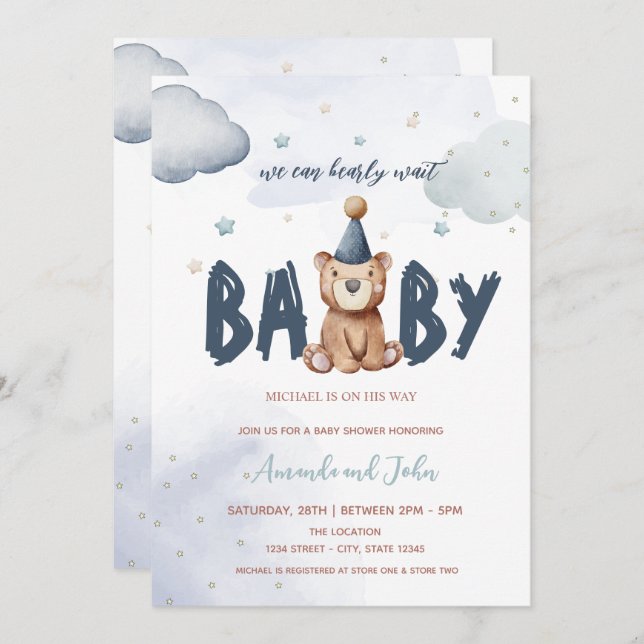 Invitación Baby Teddy Bear Stars Nubes Baby Shower (Anverso / Reverso)