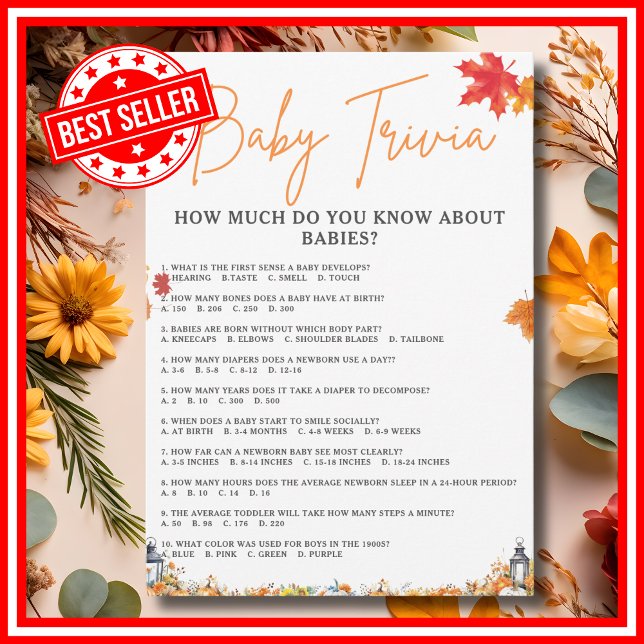 Invitación BABY TRIVIA Y RESPUESTA A Juego Baby Shower Cute B (BABY TRIVIA & ANSWERS Easy Baby Shower Game A Little Pumpkin is on the Way Theme )