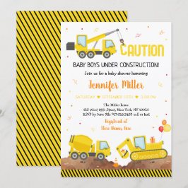 Invitación Baby Under Construction Twin Boy Truck Baby Shower