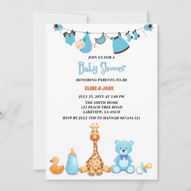 Invitación Baby Watercolor Clothes & Toys Baby Shower (Anverso)