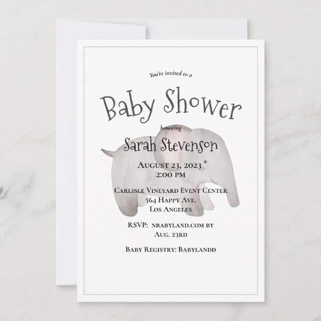 Invitación Baby Watercolor Elephant Baby Shower moderno (Anverso)