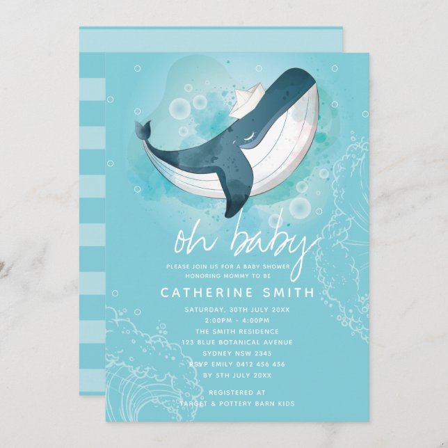Invitación Baby Whale Boy Baby Shower (Anverso / Reverso)