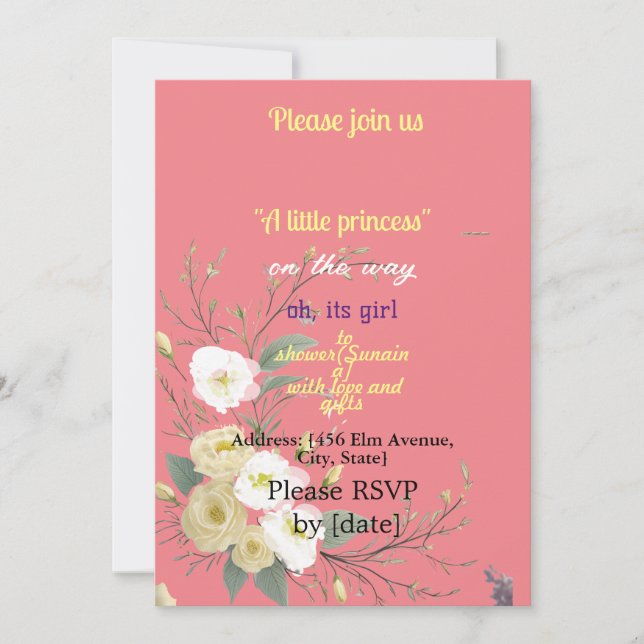 Invitación BABYgirl SHOWER color rosa FLORAL ART (Anverso)