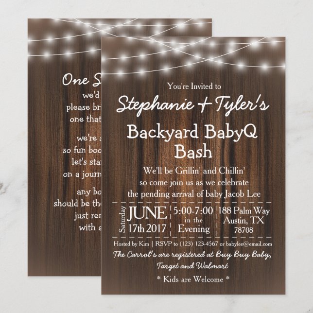 Invitación BabyQ Backyard Bash ilumina Baby Shower rústico ma (Anverso / Reverso)