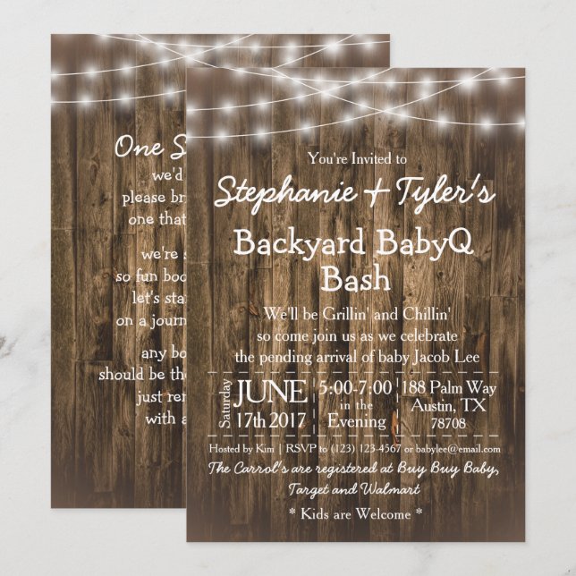 Invitación BabyQ Backyard BBQ Bash Wood Rustic Baby Shower (Anverso / Reverso)