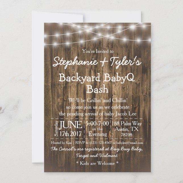 Invitación BabyQ Backyard BBQ Bash Wood Rustic Baby Shower (Anverso)