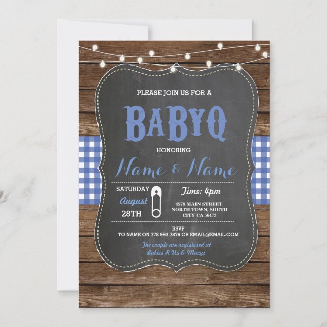 Invitación BaByQ BBQ Baby Shower Blue Chalk Wood Invite (Anverso)