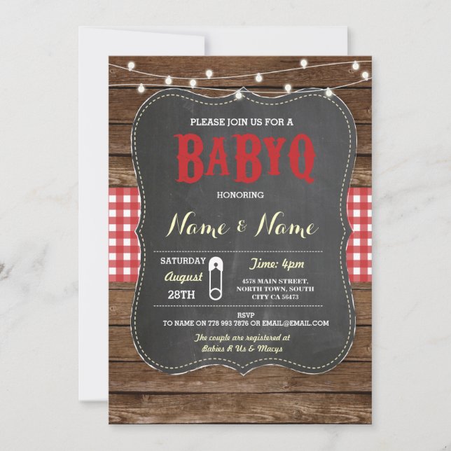 Invitación BaByQ BBQ Baby Shower Invite a la madera roja (Anverso)