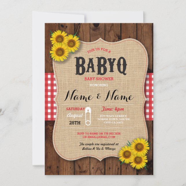 Invitación BaByQ BBQ Baby Shower Invite al Girasol Rojo (Anverso)