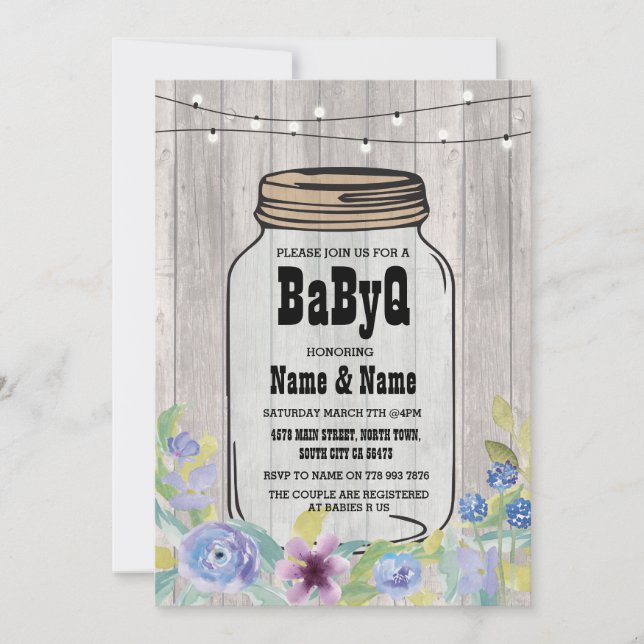 Invitación BaByQ BBQ Baby Shower Jar StringLights Wood Invita (Anverso)