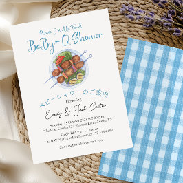 Invitación BabyQ BBQ Baby Shower Kebab Blue Gingham Rustic