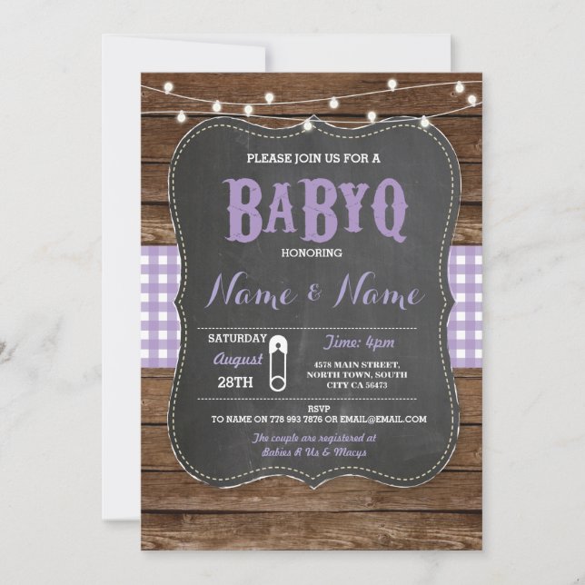Invitación BaByQ BBQ Baby Shower Purple Chalk Wood Invite (Anverso)