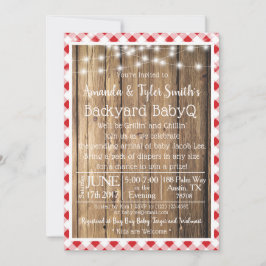 Invitación BabyQ BBQ Wood Rustic Red Gingham Baby Shower