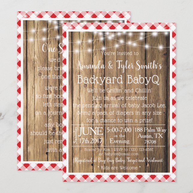 Invitación BabyQ BBQ Wood Rustic Red Gingham Baby Shower (Anverso / Reverso)