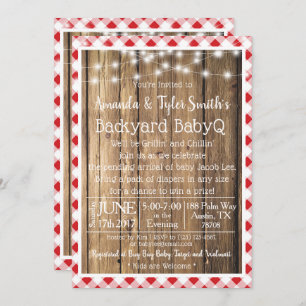 Invitación BabyQ BBQ Wood Rustic Red Gingham Baby Shower