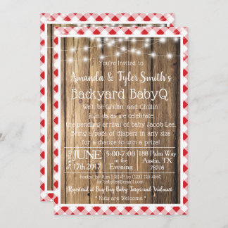 Invitación BabyQ BBQ Wood Rustic Red Gingham Baby Shower
