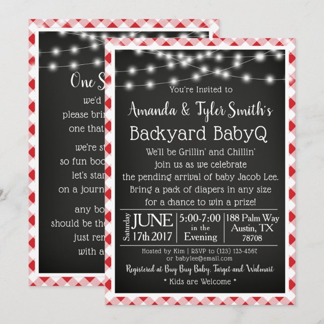 Invitación BabyQ Chalkboard Red Gingham Picnic Baby Shower (Anverso / Reverso)