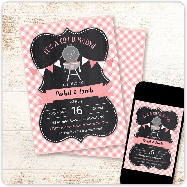 Invitación BABYQ Pink Gingham Chalkboard Chica Baby Shower (Subido por el creador)