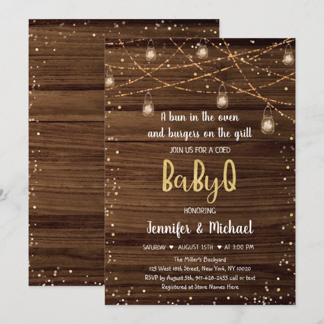 Invitación BabyQ Rustic String Lights BBQ Baby Shower (Anverso / Reverso)