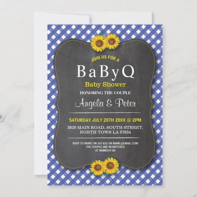 Invitación BABYQ Sunflower Baby Shower BBQ Pareja Azul Invita (Anverso)
