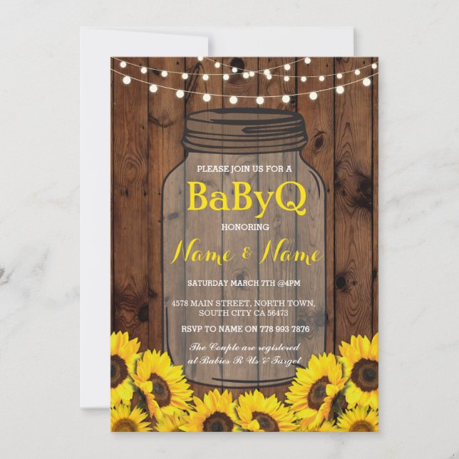 Invitación BaByQ Sunflower BBQ Baby Shower Jar Wood Invite (Anverso)