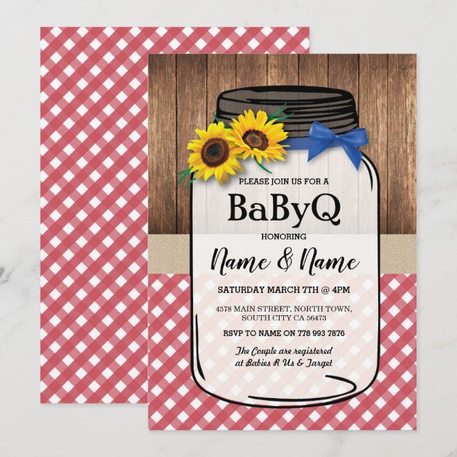 Invitación BaByQ Sunflower BBQ Baby Shower Jar Wood Red Check (Anverso / Reverso)