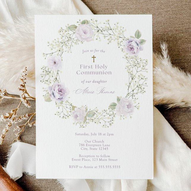 Invitación Baby's Breath and Purple Roses First Communion (Subido por el creador)