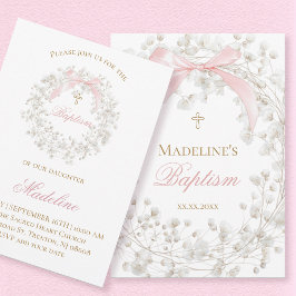 Invitación baby's breath flowers pink bow Baptism