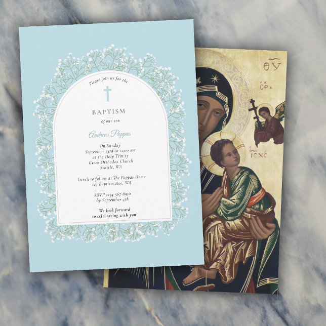 Invitación Baby's Breath Greek Orthodox Baptism Blue Boy (Baby's Breath Greek Orthodox Baptism Blue Boy Invitation)