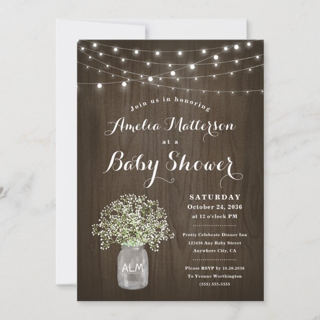 Invitación Babys Breath Mason Jar Rustic Wood Baby Shower (Anverso)