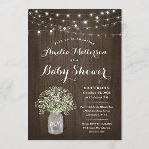 Invitación Babys Breath Mason Jar Rustic Wood Baby Shower