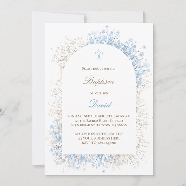 Invitación Baby's Breath white blue baby boy Baptism (Anverso)
