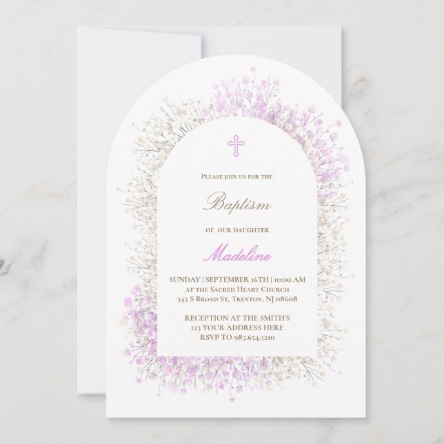 Invitación Baby's Breath white lilac baby girl Baptism (Anverso)