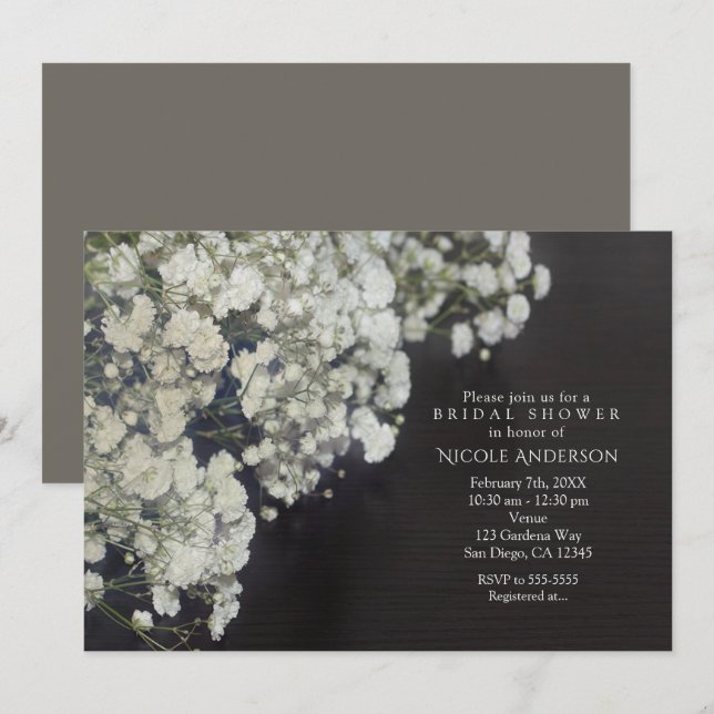 Invitación Baby's Breath y madera oscura ducha de novia rústi (Anverso / Reverso)