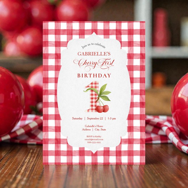 Invitación Baby's Cherry First Red Gingham Birthday (Subido por el creador)