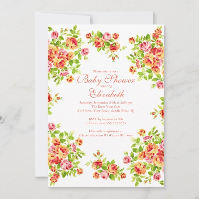 Invitación BabyShower floral subió melocotón rosado bonito (Anverso)