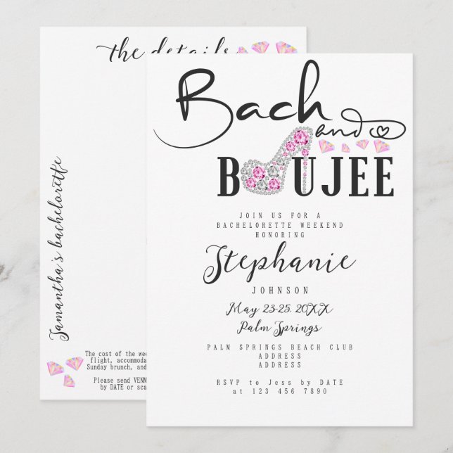Invitación Bach & Boujee Diamante Rosa Glam Bachelorette (Anverso / Reverso)