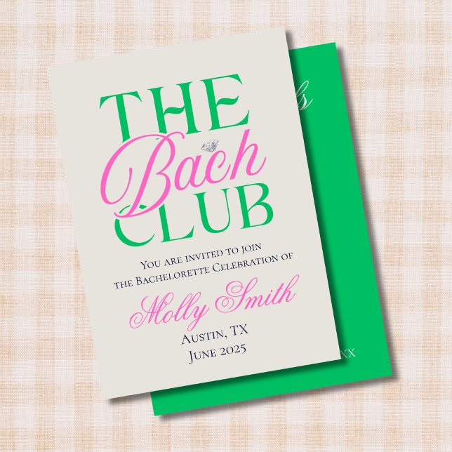 Invitación Bach Club Moderna Bachelorette Verde Rosa (The Bach Club invite with modern serif font – perfect for engagement or bridal celebrations!)
