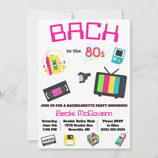 Invitación Bach para la fiesta de la soltera de los años 80 (Anverso)