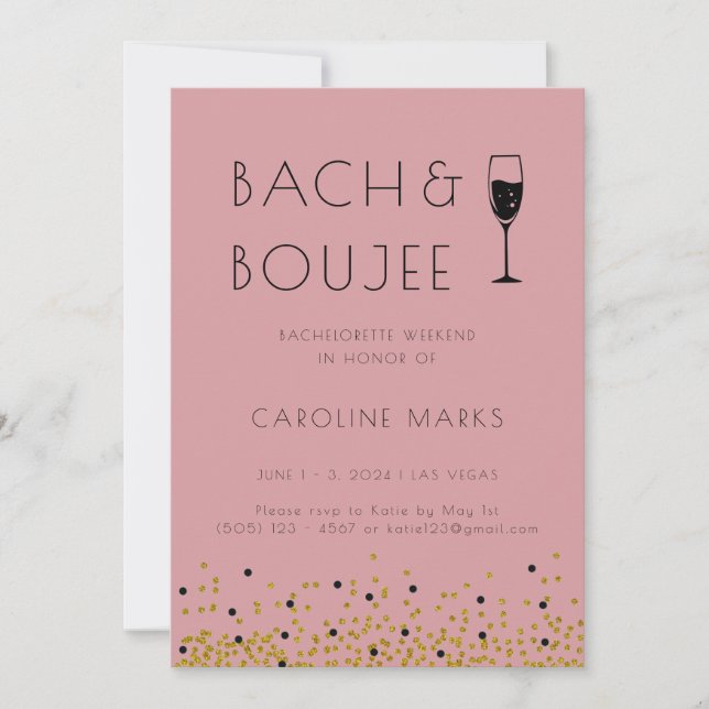 Invitación Bach rosa y dorado y fiesta de la Bachelorette Bou (Anverso)