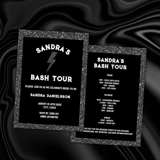 Invitación Bach Tour Black Rock y Roll Bachelorette Weekend (rock bachelorette party invitation weekend itinerary bach tour black gliter)