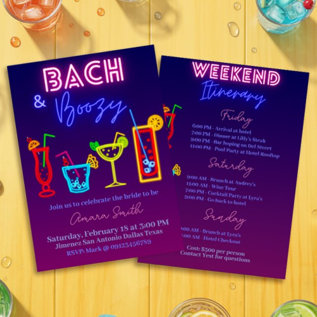 Invitación Bach y soltera borracha con itinerario (Bach and Boozy Bachelorette with Itinerary Invitation)
