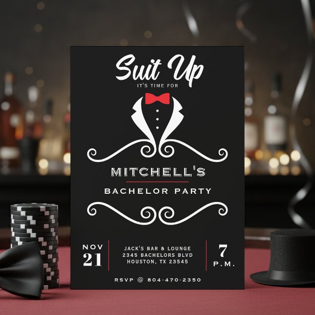 Invitación Bachelor Party Tuxedo Suit Bowtie Black & Red (Bachelor Party Tuxedo Suit Bowtie Black & Red Invitation
)