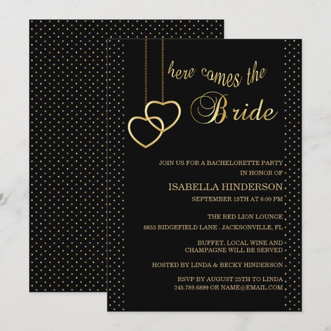 Invitación Bachelorette - Aquí viene la novia - Negro y oro (Anverso / Reverso)