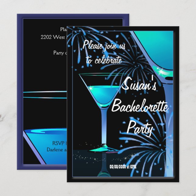 Invitación Bachelorette Blue Martini Cocktail Fiesta (Anverso / Reverso)